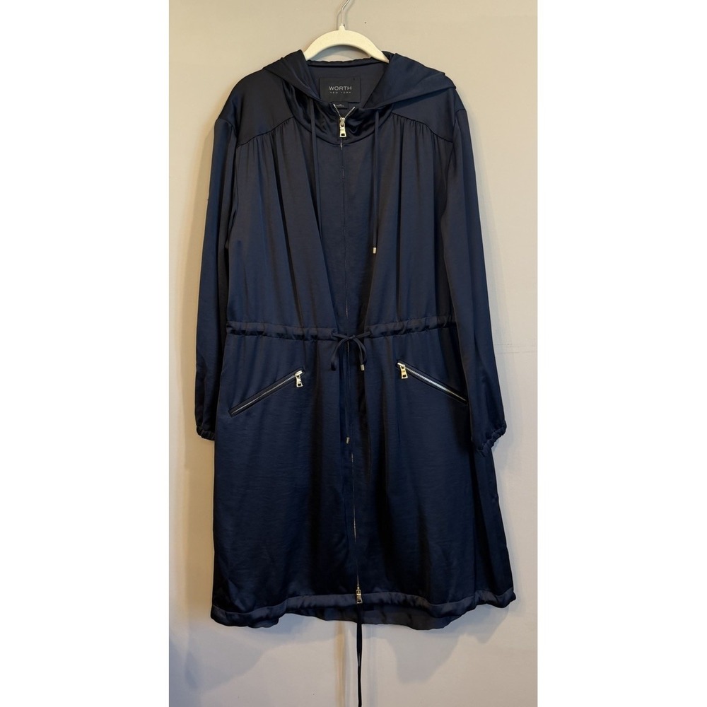WORTH New York Navy Satin Parker Coat Large Golf Embellishment Parka